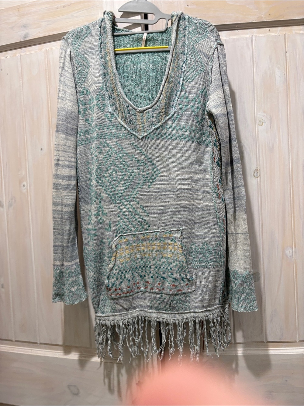 Free People Mint Green and Cream Knit Tunic with Fringe